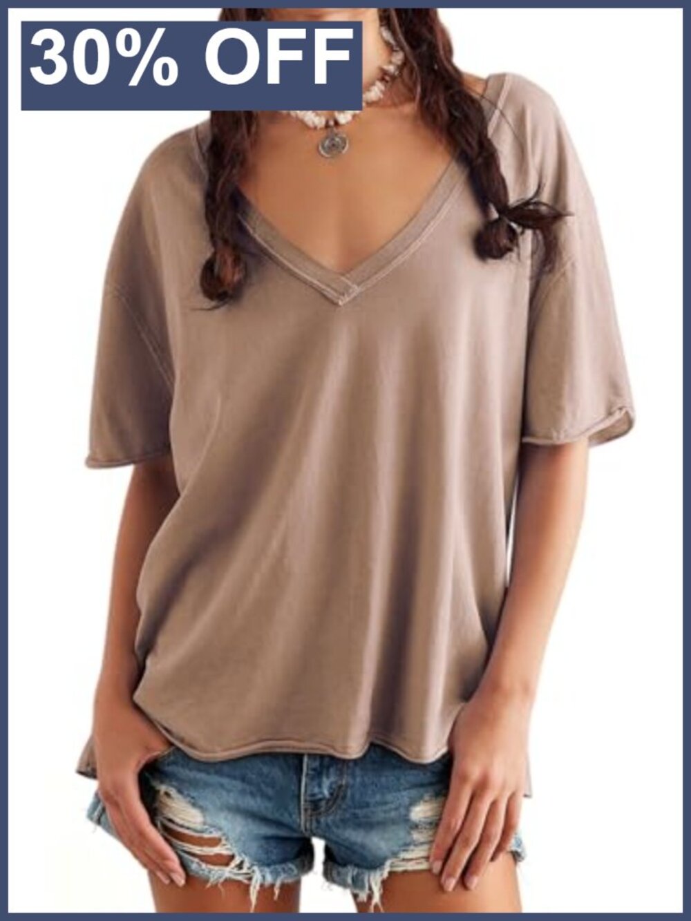 Oversized Deep V-Neck Short Sleeve Tee for Women Loose Fit Summer Casual Blouse